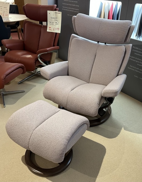 Stressless Large Magic Recliner Chair and Footstool in Yoredale Light Beige Fabric Classic Base