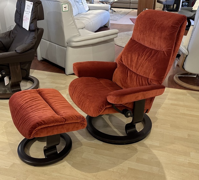 Stressless View Medium Recliner Chair and Footstool with Classic Base Begonia Rust Fabric and Wenge