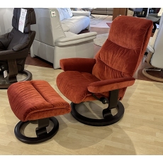 Stressless View Medium Recliner Chair and Footstool with Classic Base Begonia Rust Fabric and Wenge