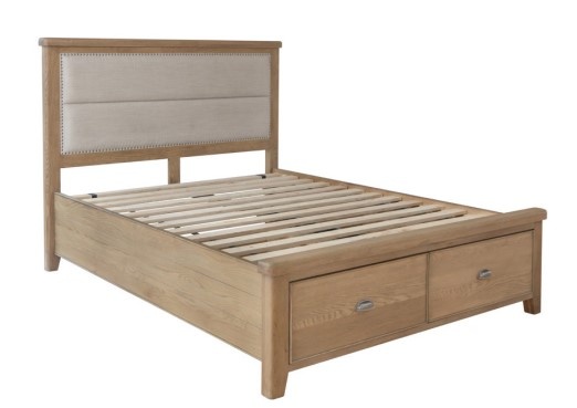 Paris  Bed with Fabric Headboard and Drawer Footboard in Oak Finish